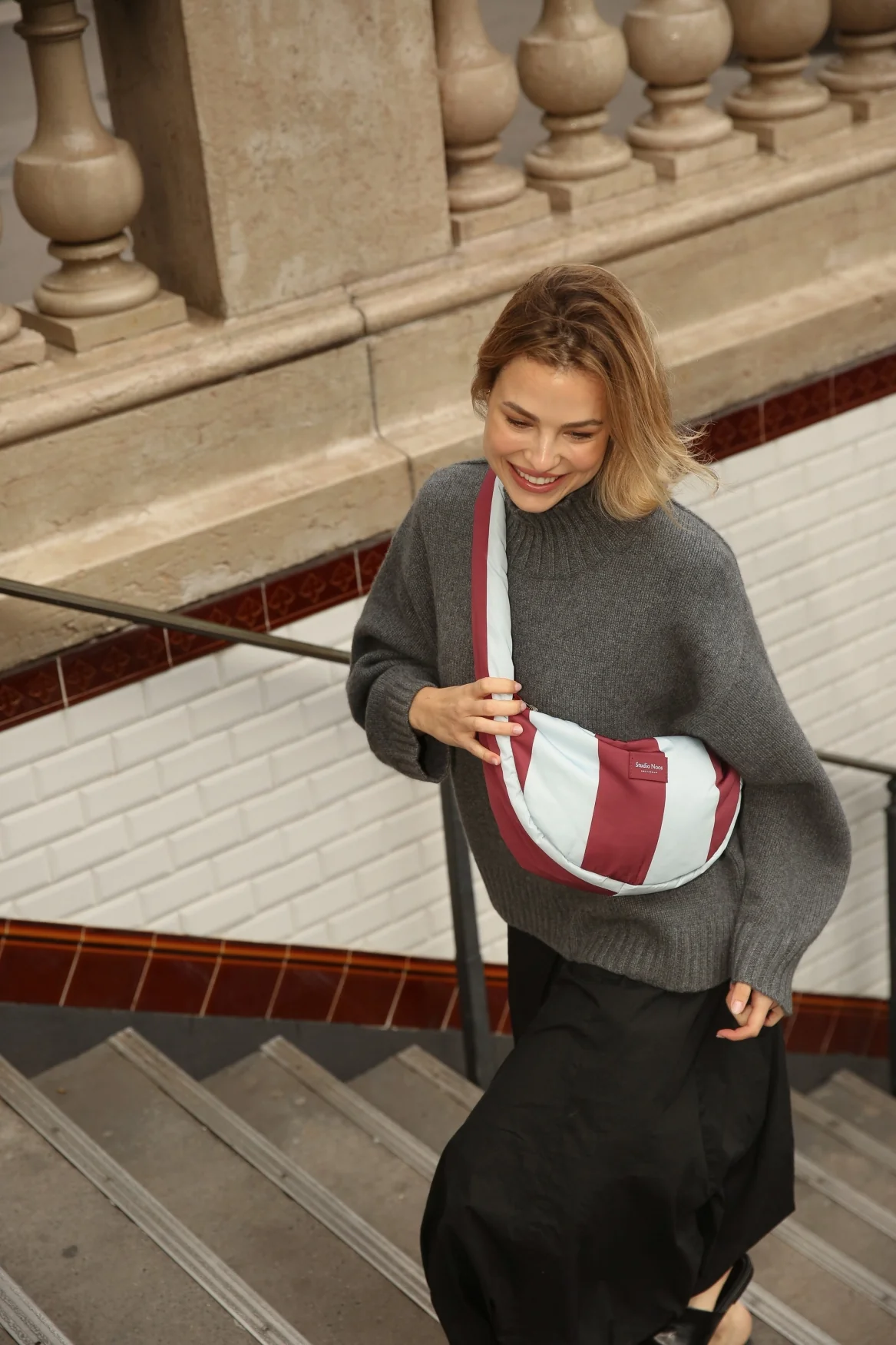 Bold Stripe Mini Cross Body Bag | Bordeaux/Light Blue - Image 2